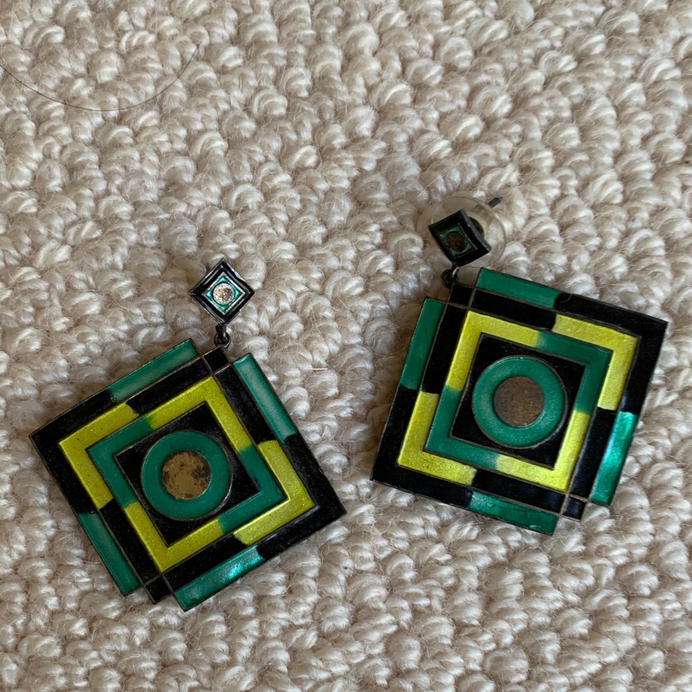 Geometric Green and Yellow Earrings